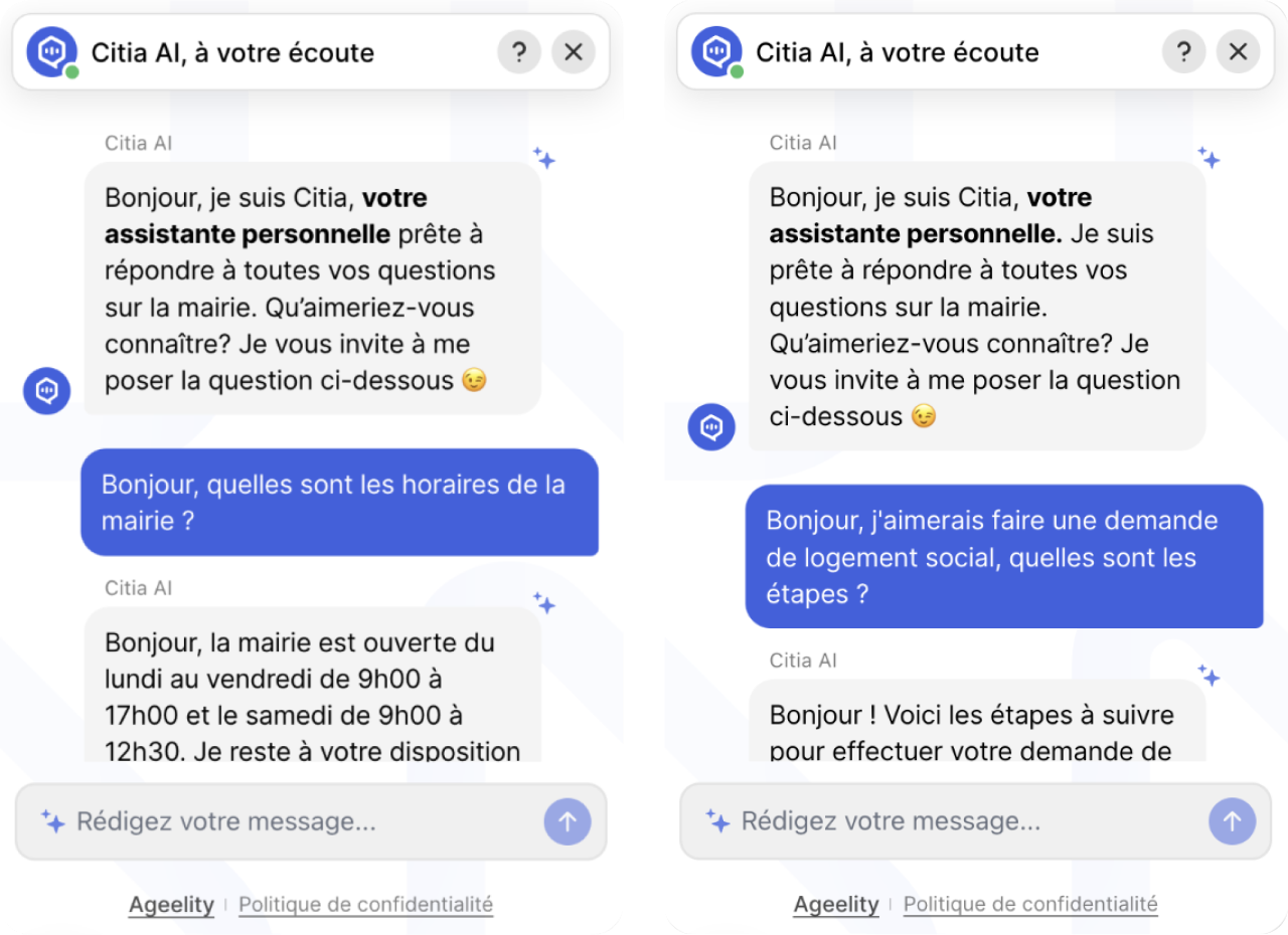 Ecrans de conversation du chatbot Citia